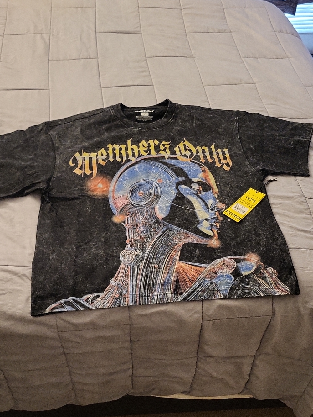 Members Only Black Graphic Tee with Futuristic Artwork